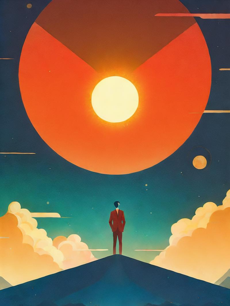 01069-2579225140-a painting of a man standing in front of a giant sun with smoke coming out of it by Victo Ngai.png